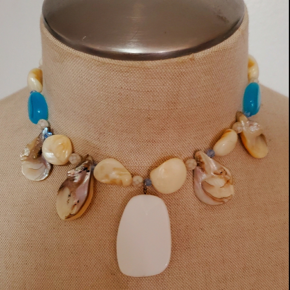 Mens Tribal Island Beach Shell Necklace White & Tourquoise Blue